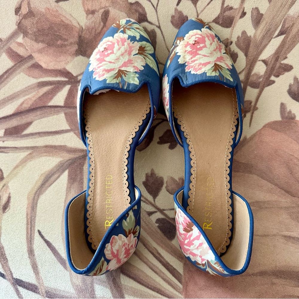 BOGO Restricted Blue Floral D'Orsay Flats with Pink White Blooms - Picture 3 of 4